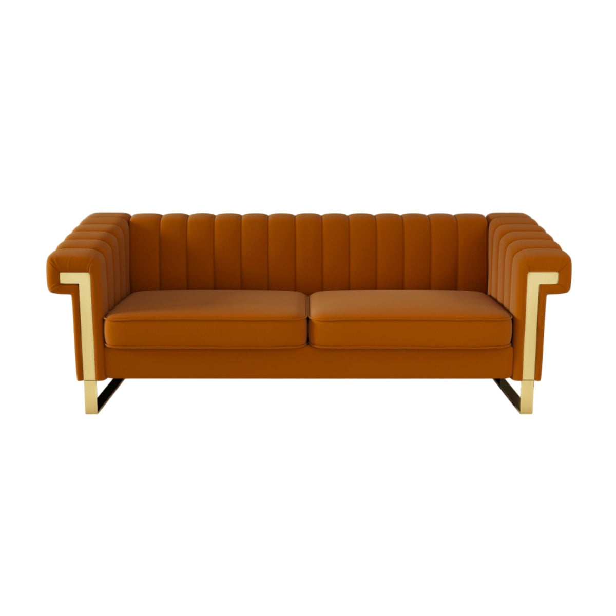Orange Velvet Channel Tufted Sofa with Gold Metal Legs Y348