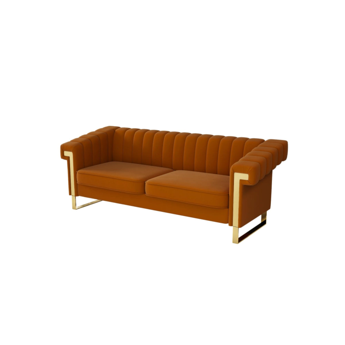Orange Velvet Channel Tufted Sofa with Gold Metal Legs Y348