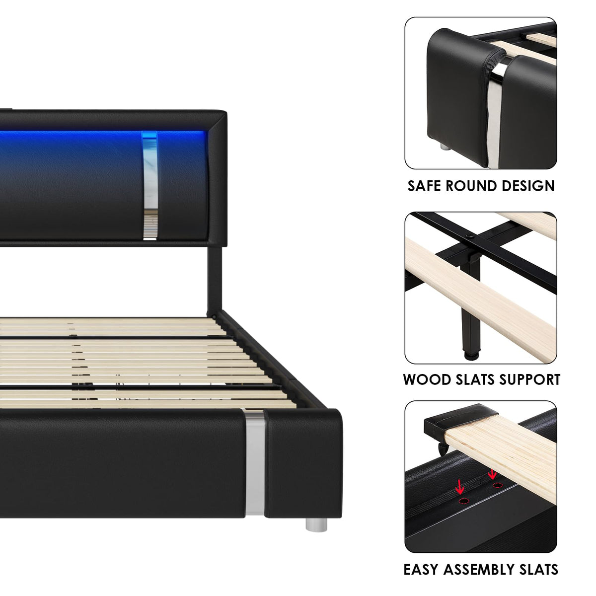 Black Full Size Upholstered Bed Frame with LED Headboard and 2 Storage Drawers X69189