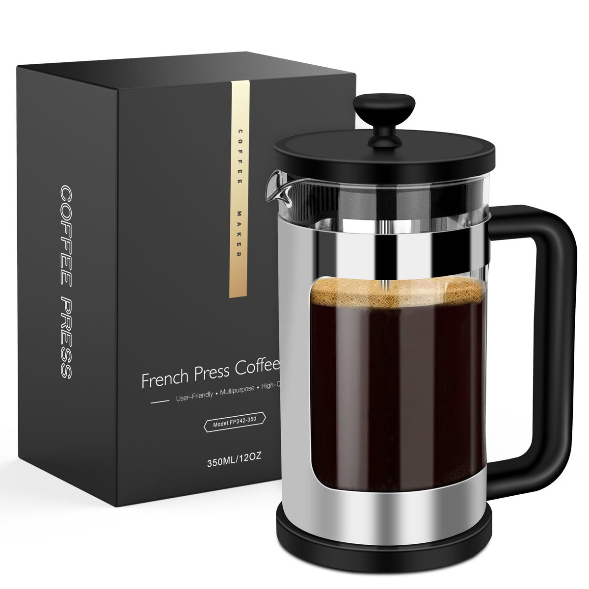 French Press Coffee Maker 12 Oz Borosilicate Glass I6055
