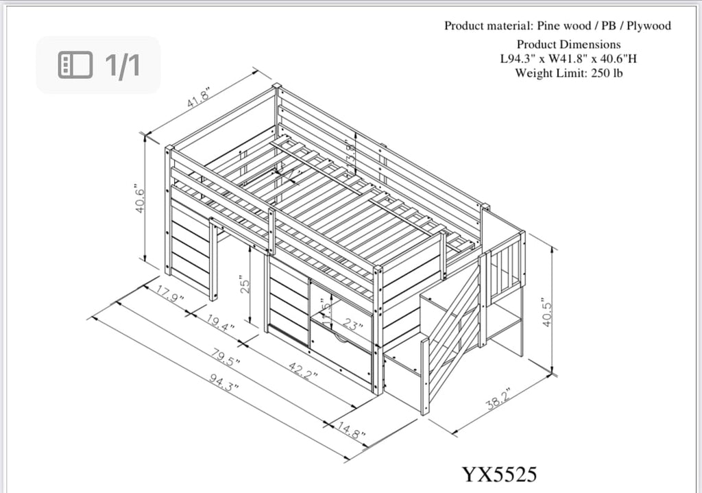 Twin Size Wood Loft Bed with Storage D983610