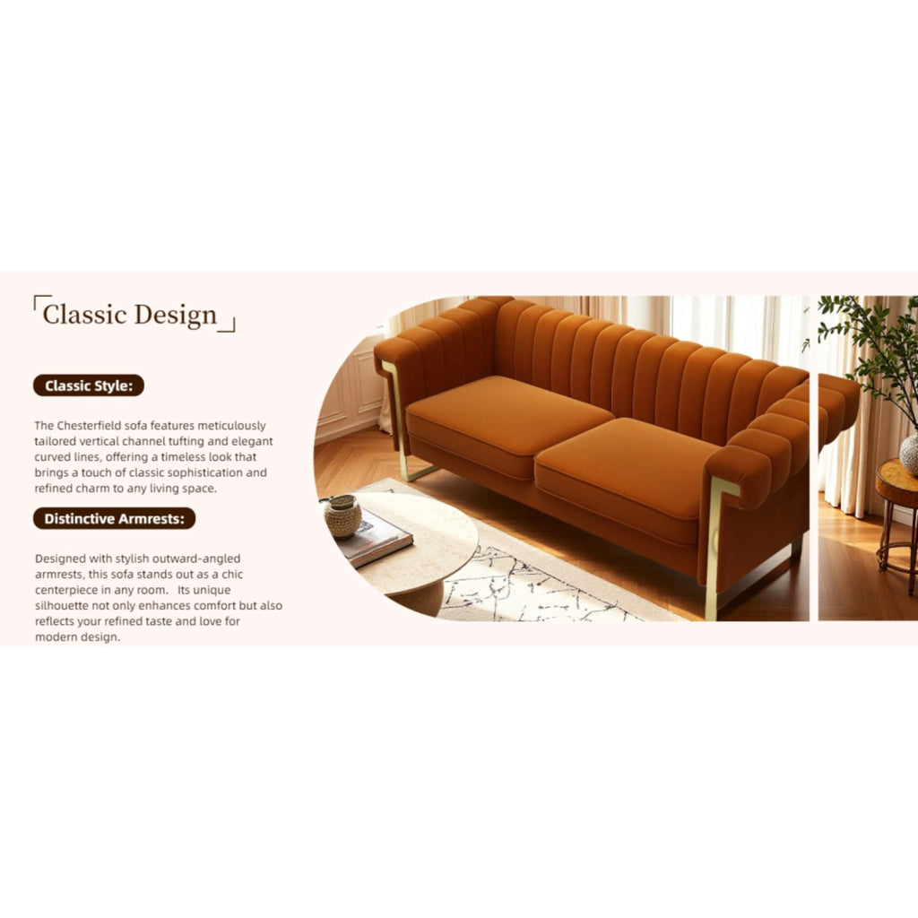 Orange Velvet Channel Tufted Sofa with Gold Metal Legs Y348