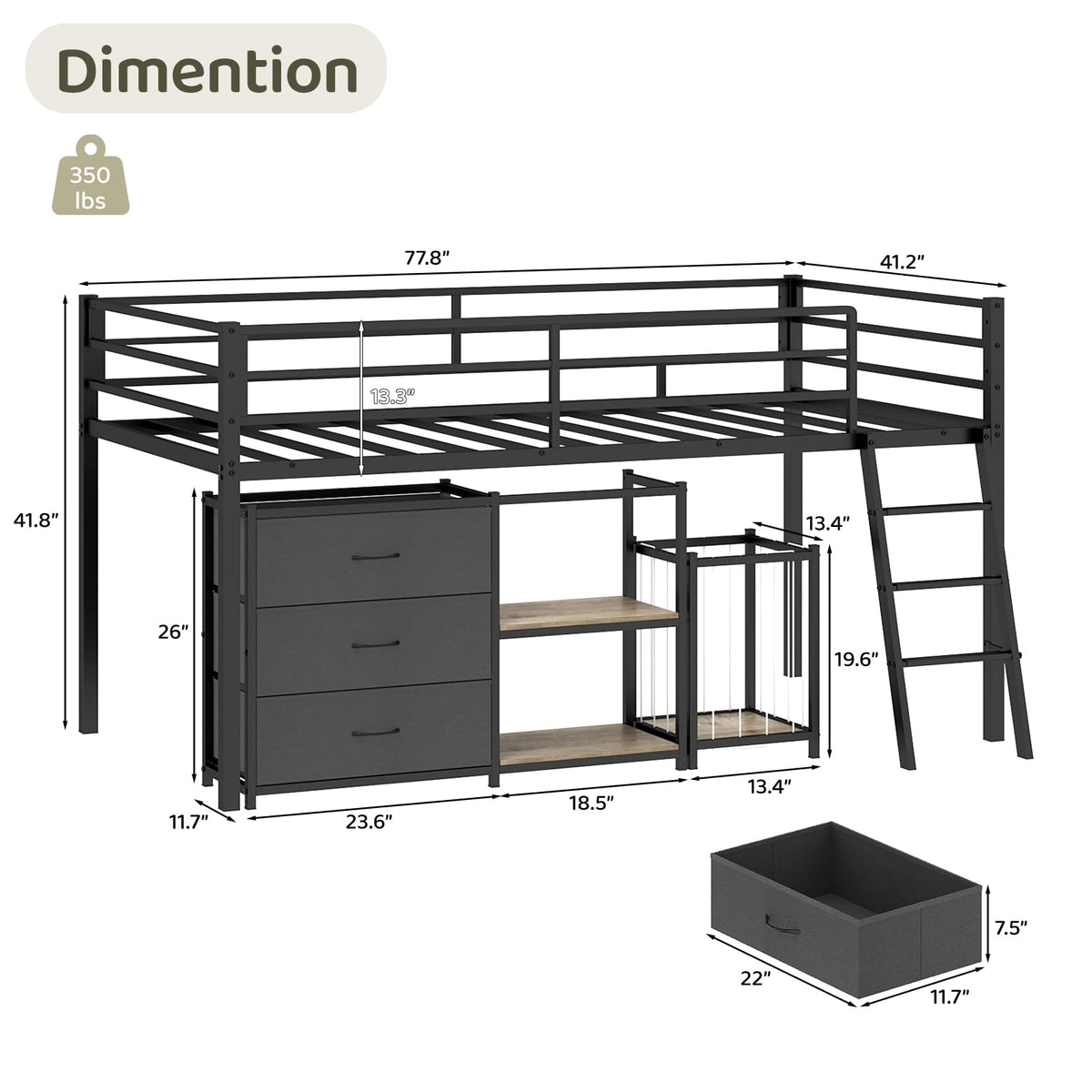 Black Twin Size Metal Low Loft Bed with 3 Drawers and Storage J1511