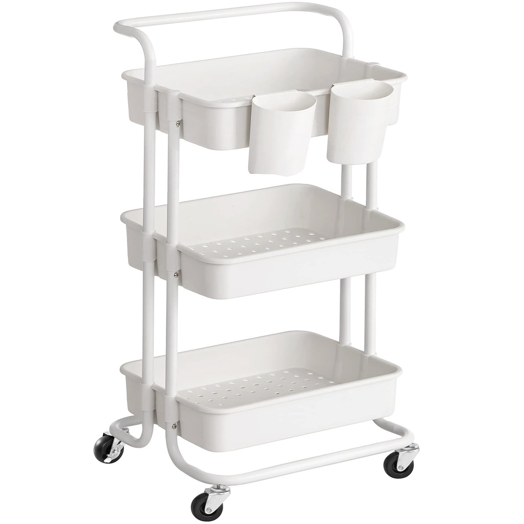3-Tier Plastic and Steel Rolling Cart with Handle and 2 Brakes W7955