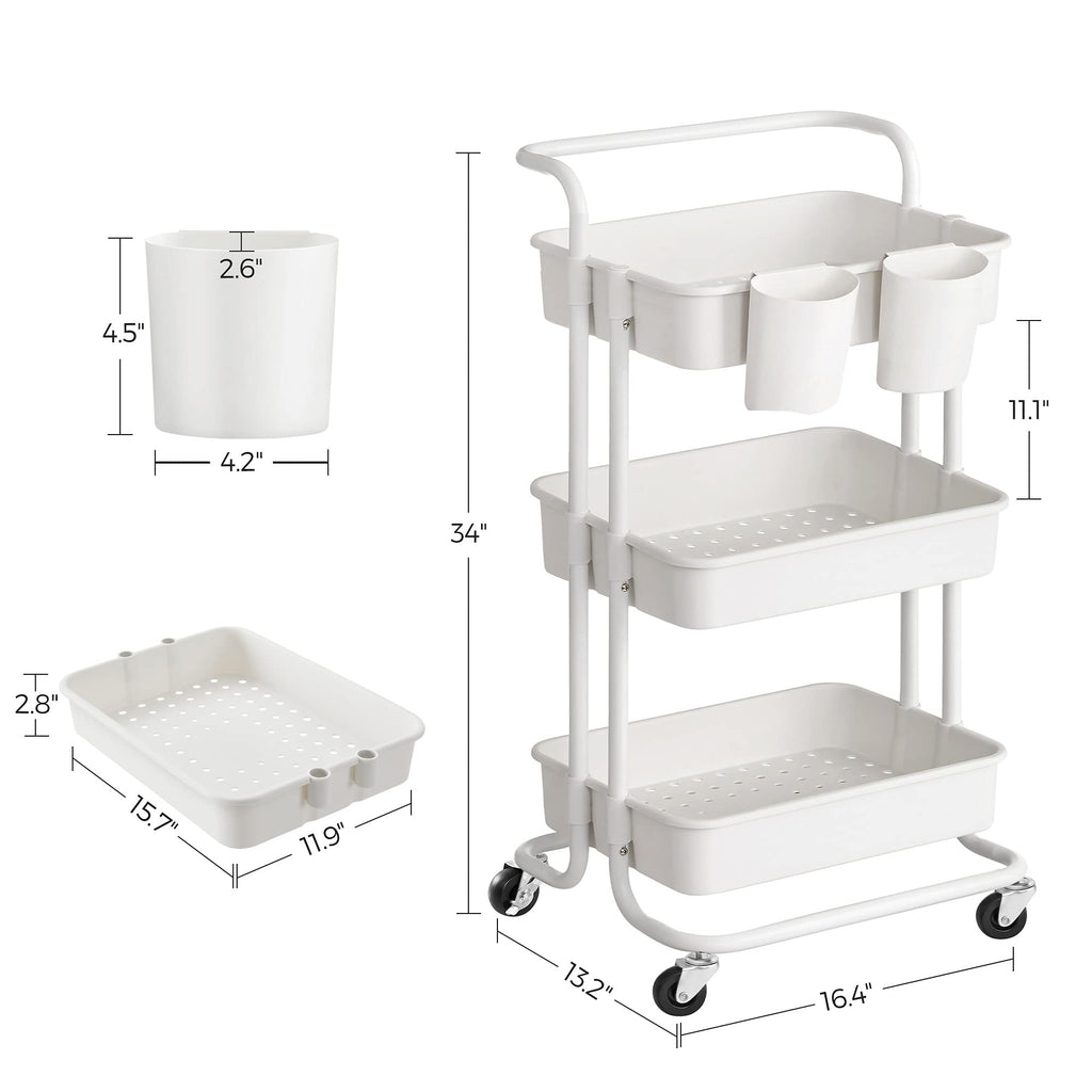 3-Tier Plastic and Steel Rolling Cart with Handle and 2 Brakes W7955