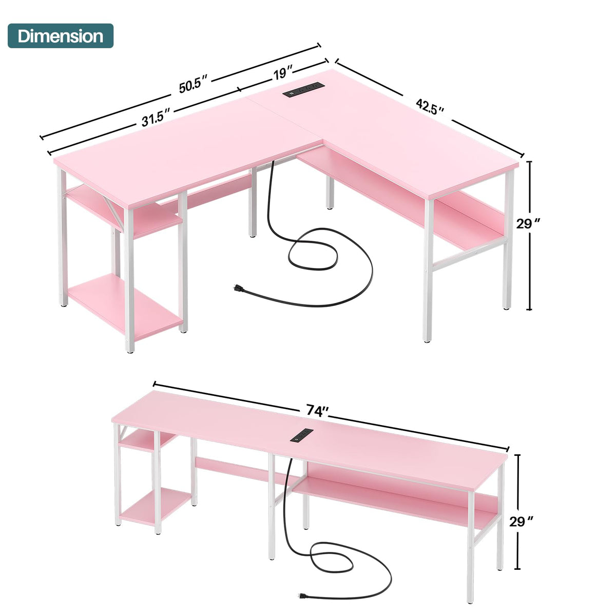 Pink L Shaped Desk with Power Outlets and USB Charging Ports A6189