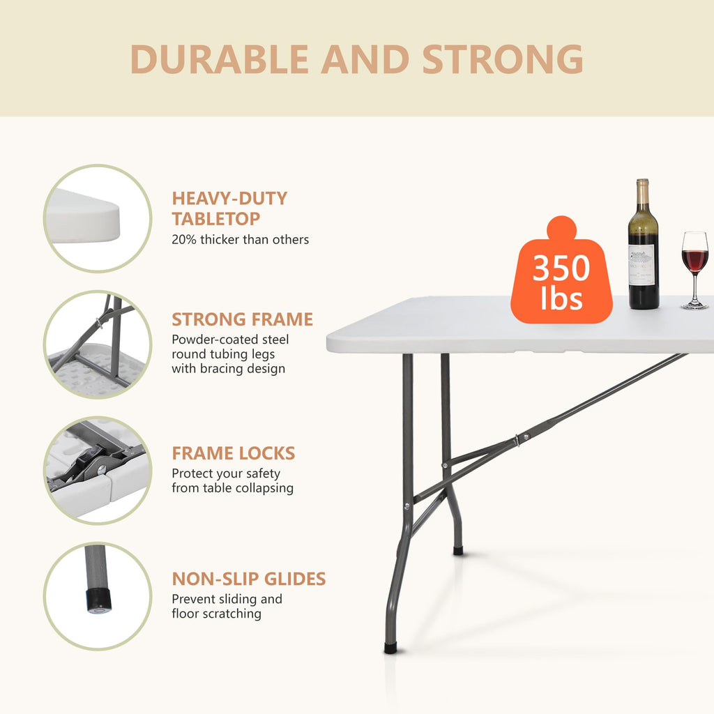 6 ft Heavy Duty Plastic Folding Table with Steel Legs, White I6942