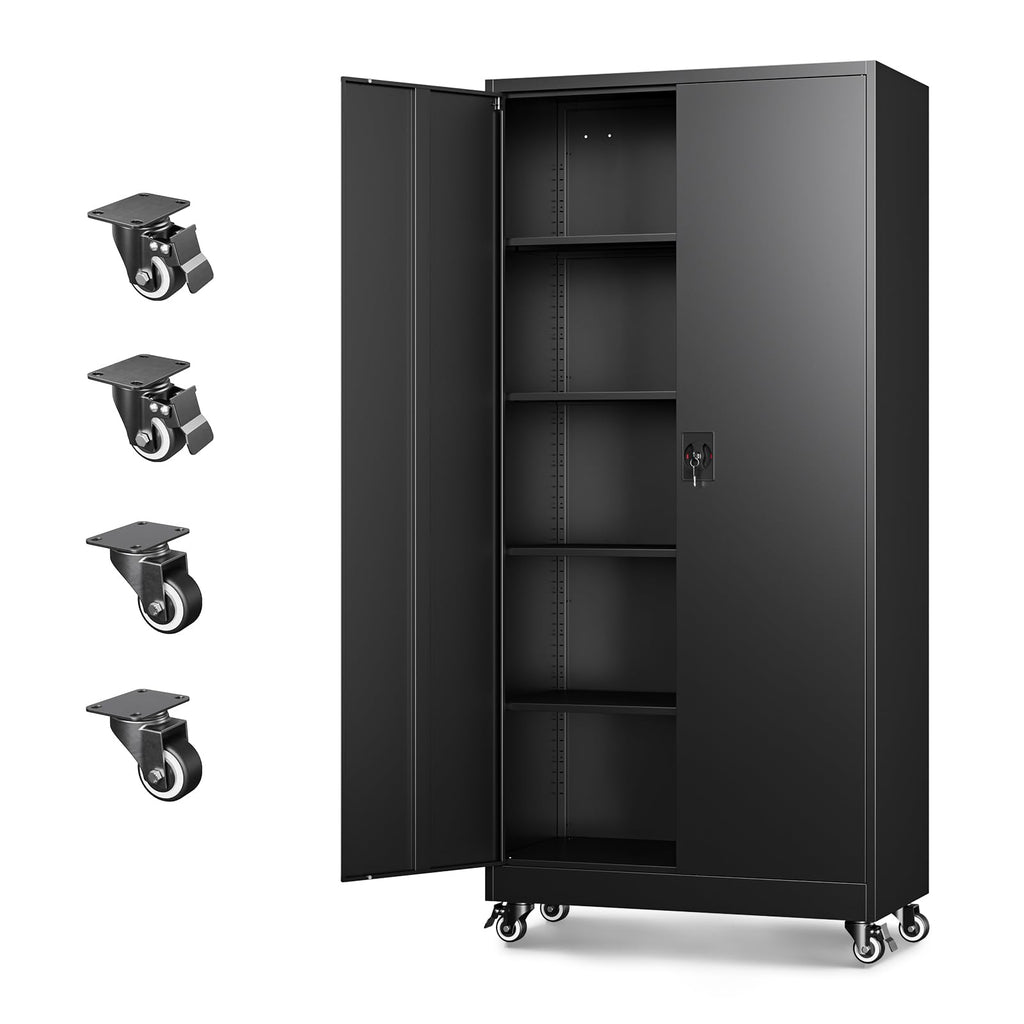 Metal Garage Storage Cabinets with Wheels, Locking Door and Adjustable Shelves (Black, 74.41" H) W79644