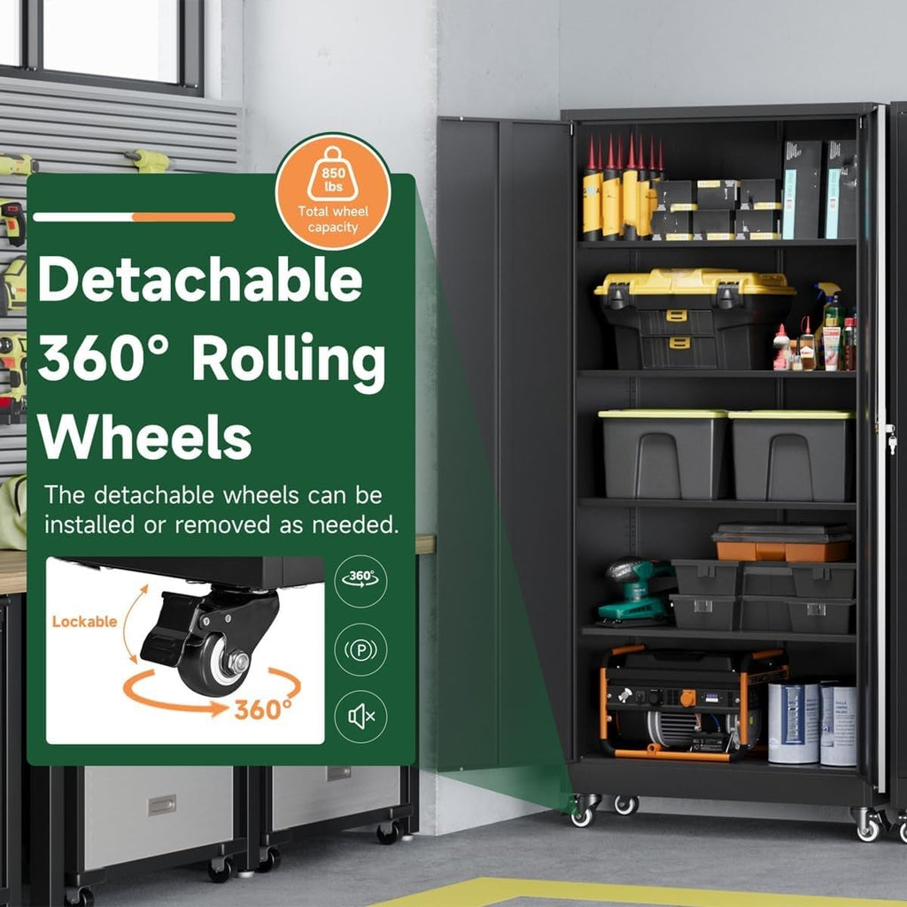 Metal Garage Storage Cabinets with Wheels, Locking Door and Adjustable Shelves (Black, 74.41" H) W79644