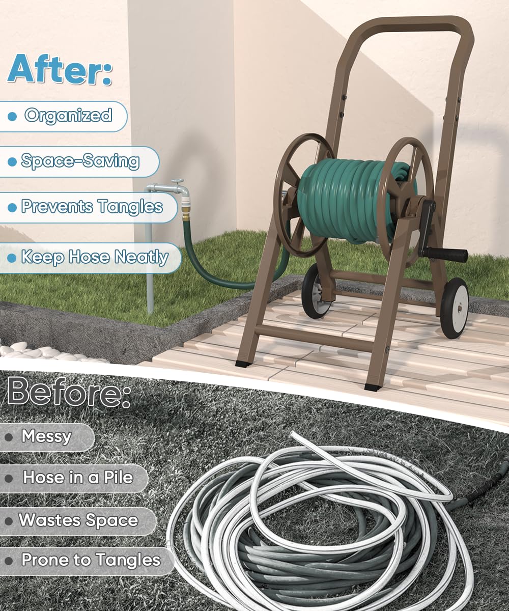 Garden Hose Reel Cart with Wheels, Holds 165 ft of 5/8'' Hose, Heavy Duty Steel, Brown U612