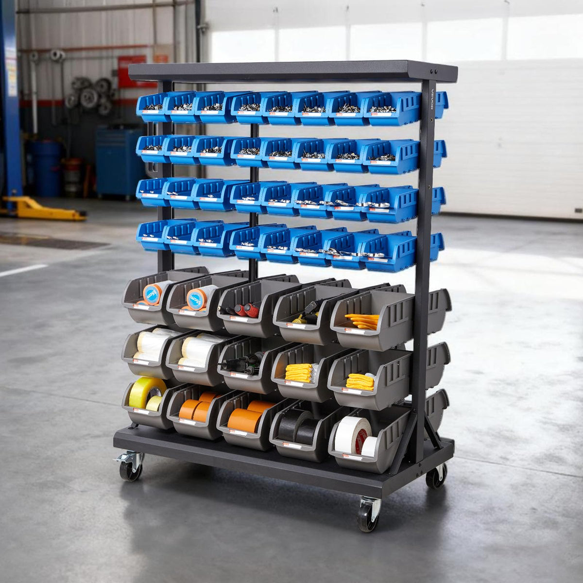 7-Tier Double-Sided Rolling Bin Storage Rack with 94 Plastic Bins B80359