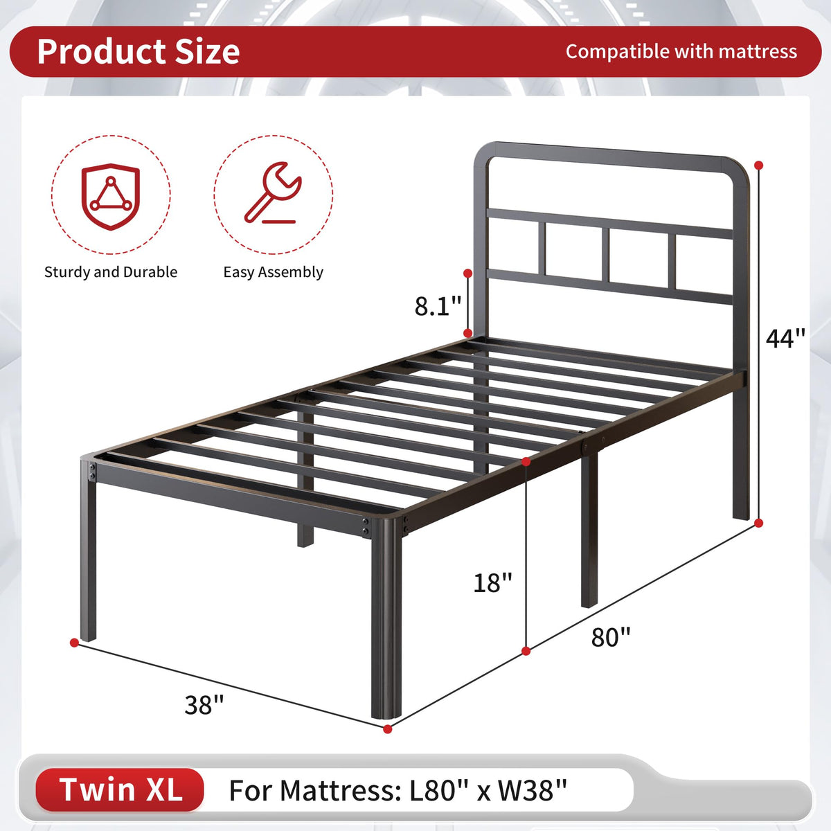 18 Inch Twin XL Black Metal Bed Frame with Headboard Z45039