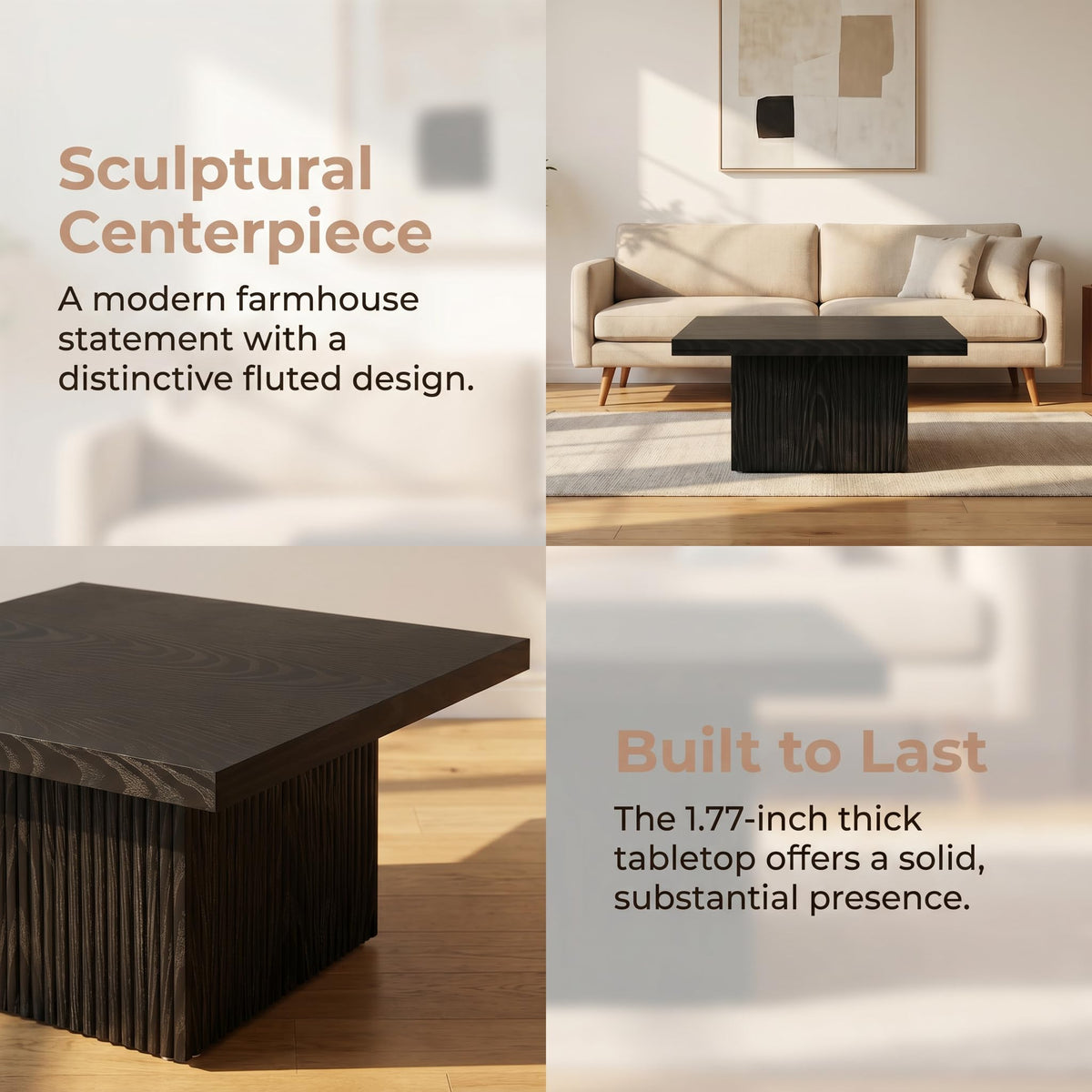 31.5" Square Fluted Wood Coffee Table C4002