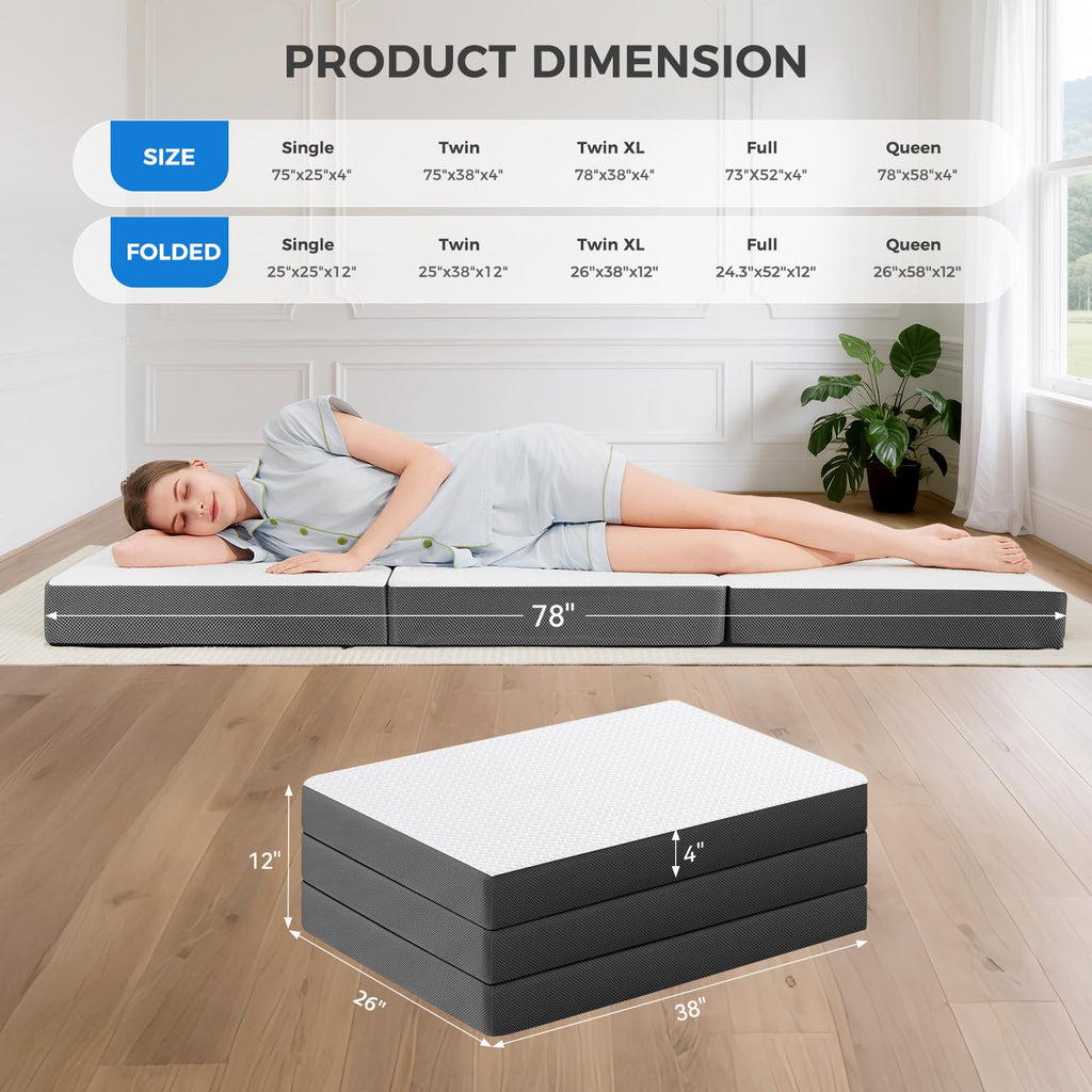 4 Inch Memory Foam Trifold Mattress with Washable Cover B138