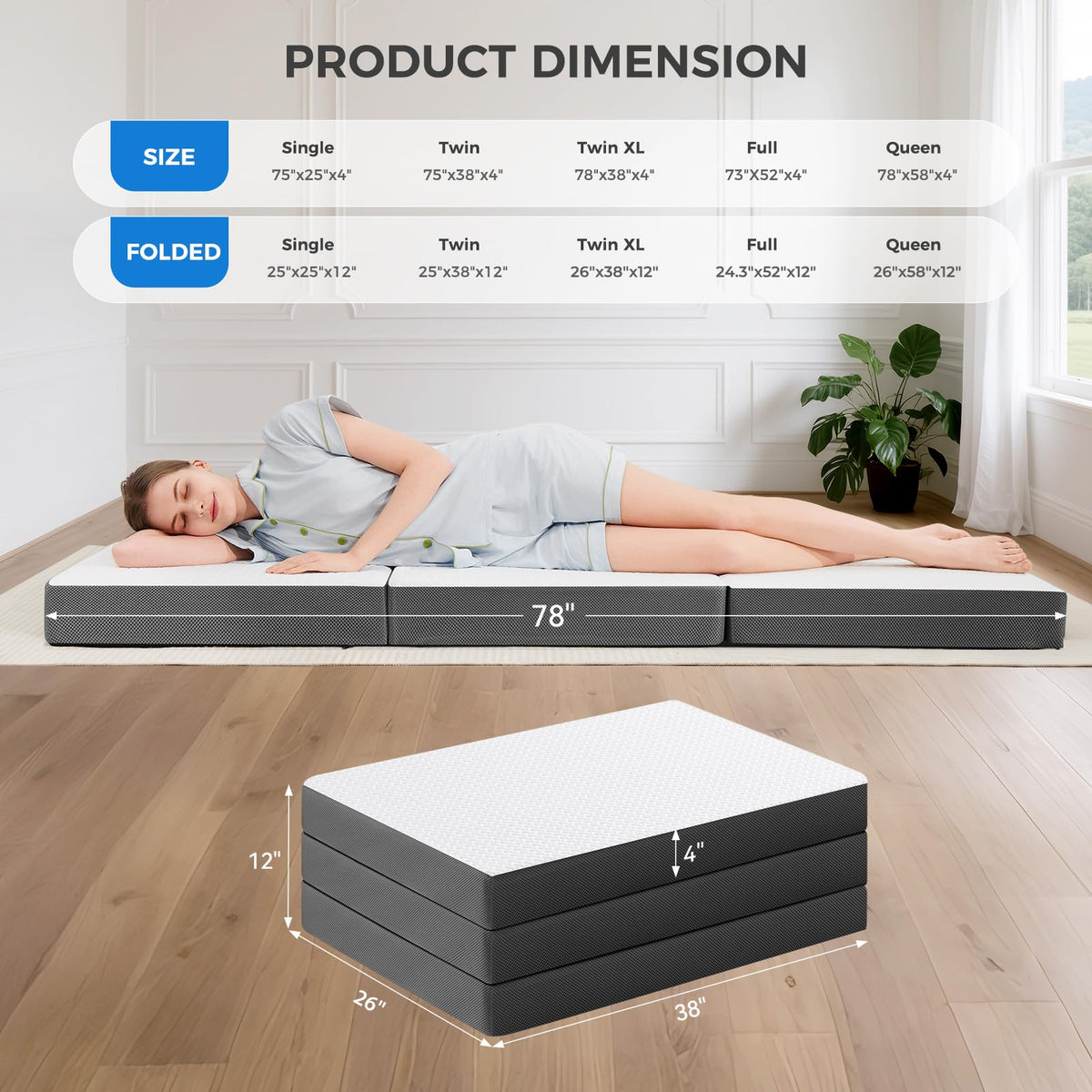 4 Inch Memory Foam Trifold Mattress with Washable Cover B138