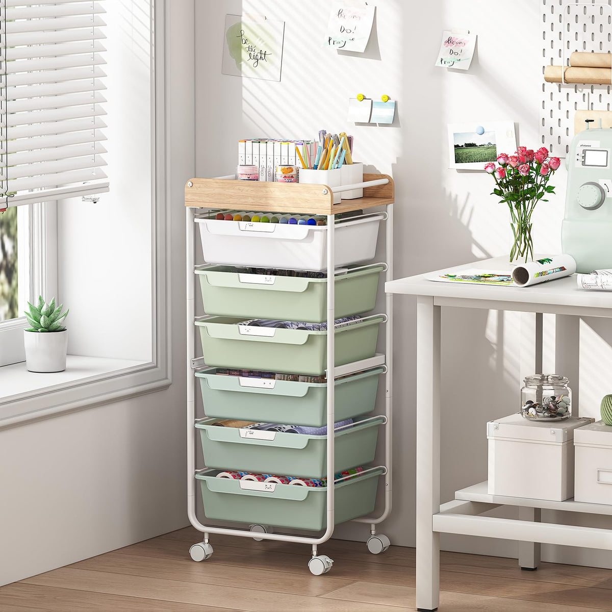 Green Utility Cart with 6 Drawers O845