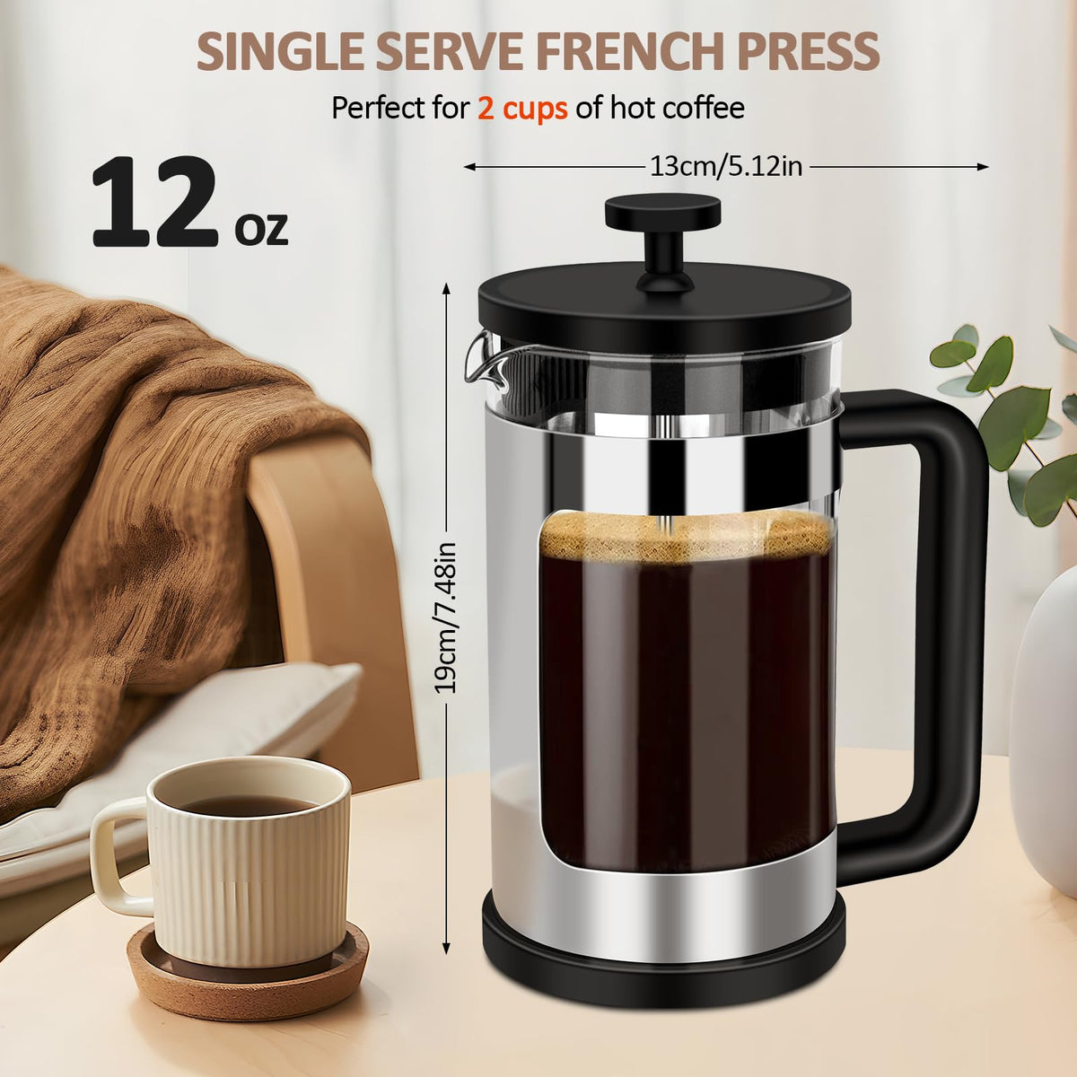 French Press Coffee Maker 12 Oz Borosilicate Glass I6055