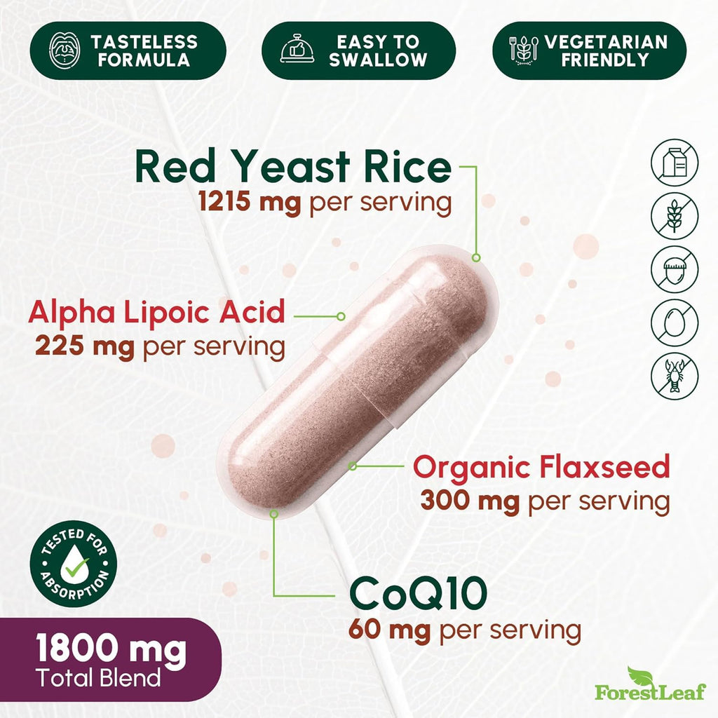 Red Yeast Rice 1215 mg CoQ10 Alpha Lipoic Acid Flaxseed 90 Capsules B43096