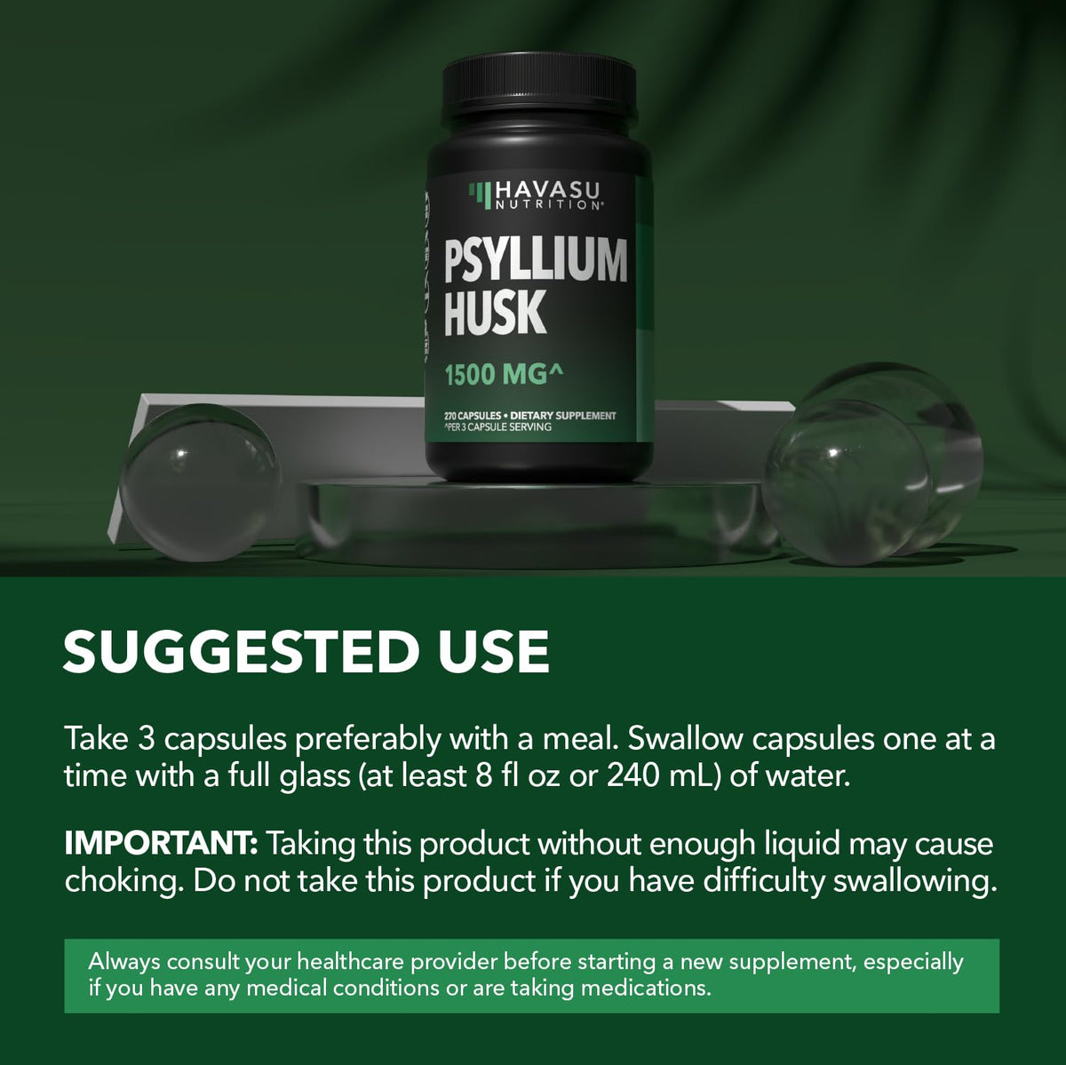 Vegan Psyllium Husk Fiber Capsules 270 Pills D4959