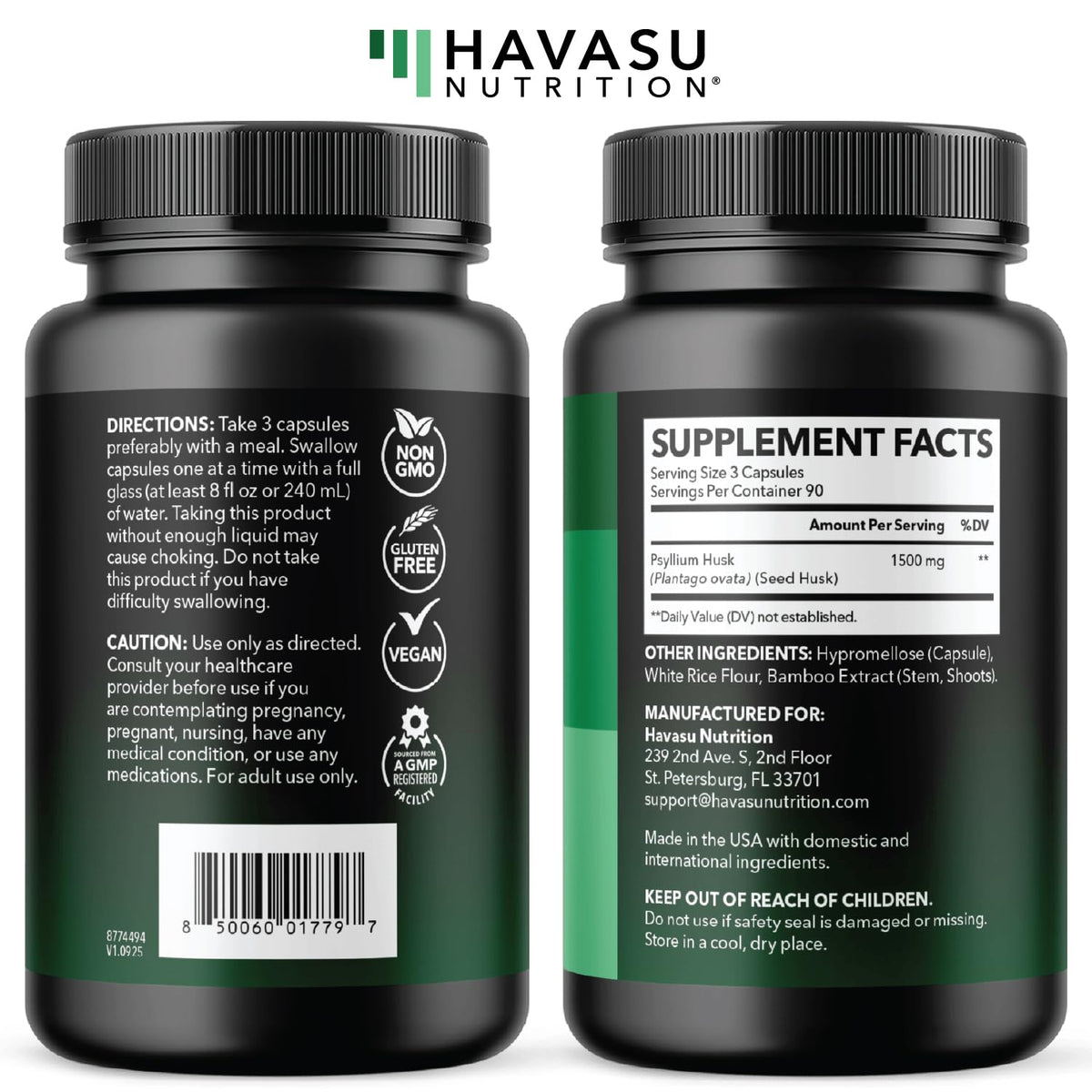Vegan Psyllium Husk Fiber Capsules 270 Pills D4959