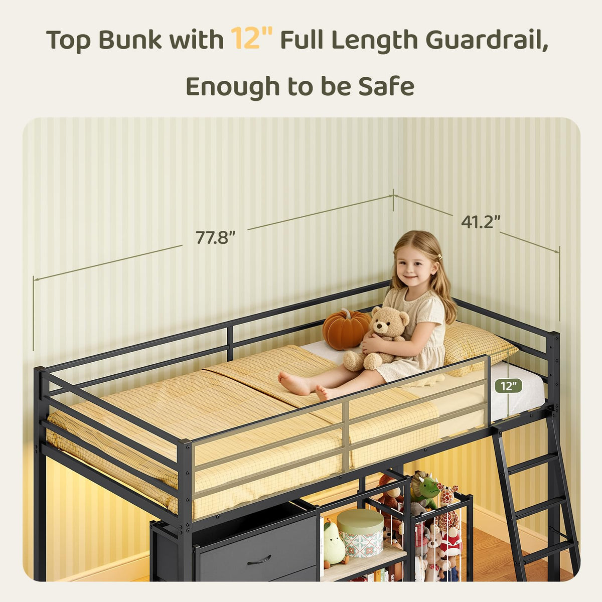 Black Twin Size Metal Low Loft Bed with 3 Drawers and Storage J1511
