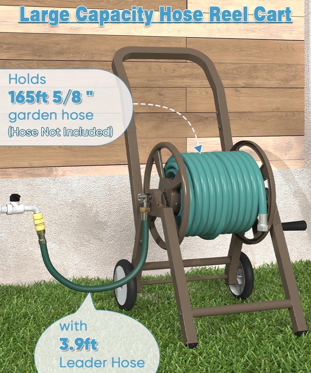 Garden Hose Reel Cart with Wheels, Holds 165 ft of 5/8'' Hose, Heavy Duty Steel, Brown U612