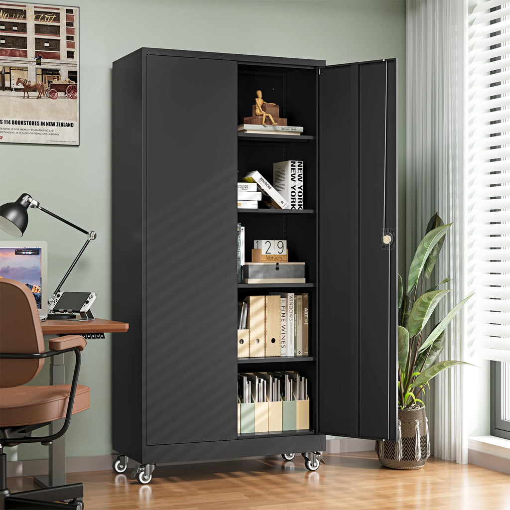 Metal Garage Storage Cabinets with Wheels, Locking Door and Adjustable Shelves (Black, 74.41" H) W79644