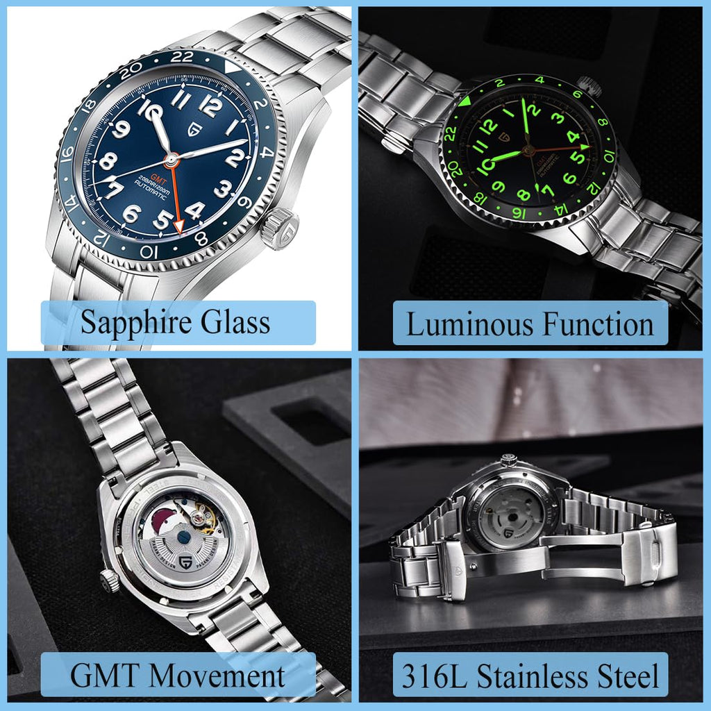 Automatic Mechanical GMT 40mm Sapphire Glass 316L Stainless Steel Waterproof Diver Wrist Watch B444145
