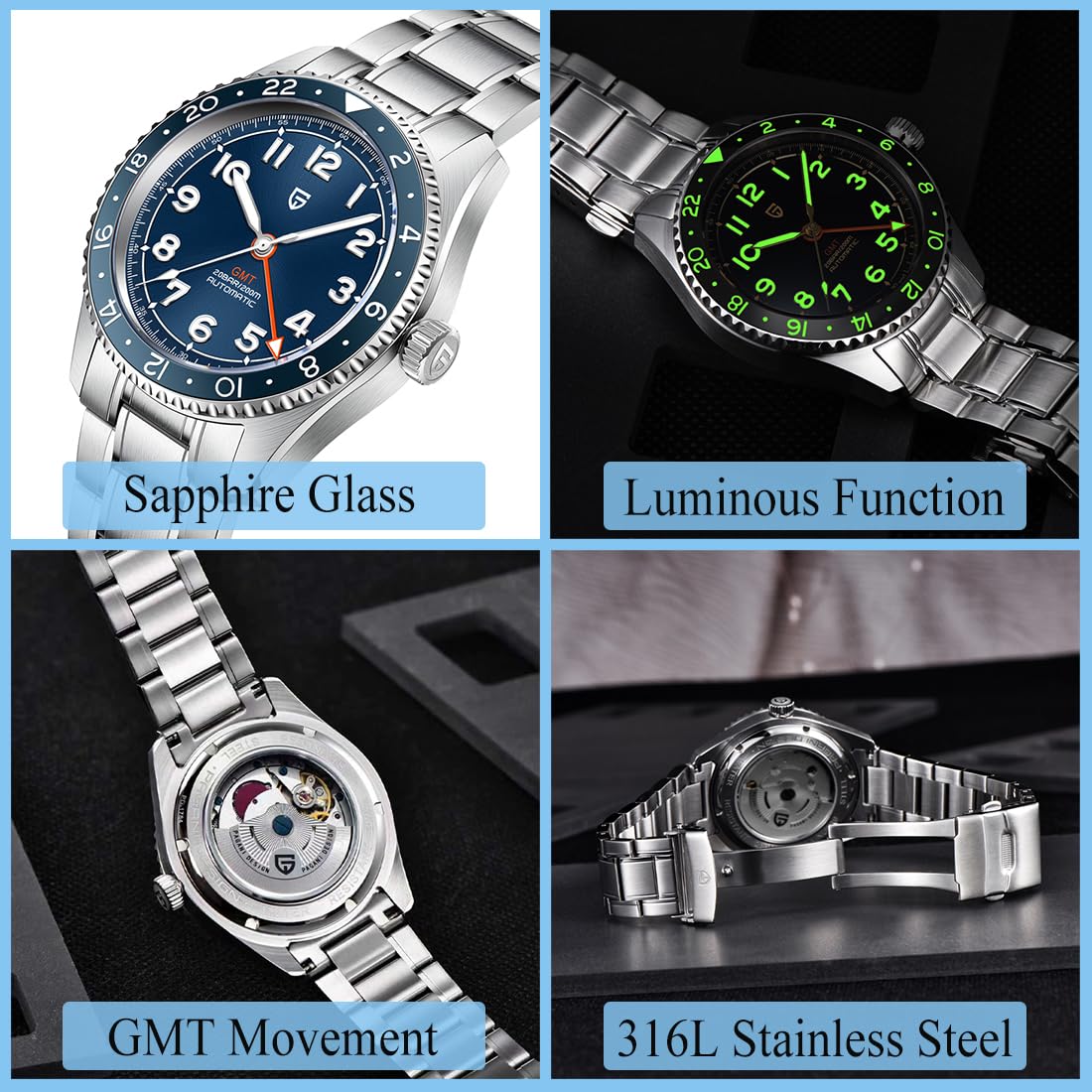 Automatic Mechanical GMT 40mm Sapphire Glass 316L Stainless Steel Waterproof Diver Wrist Watch B444145