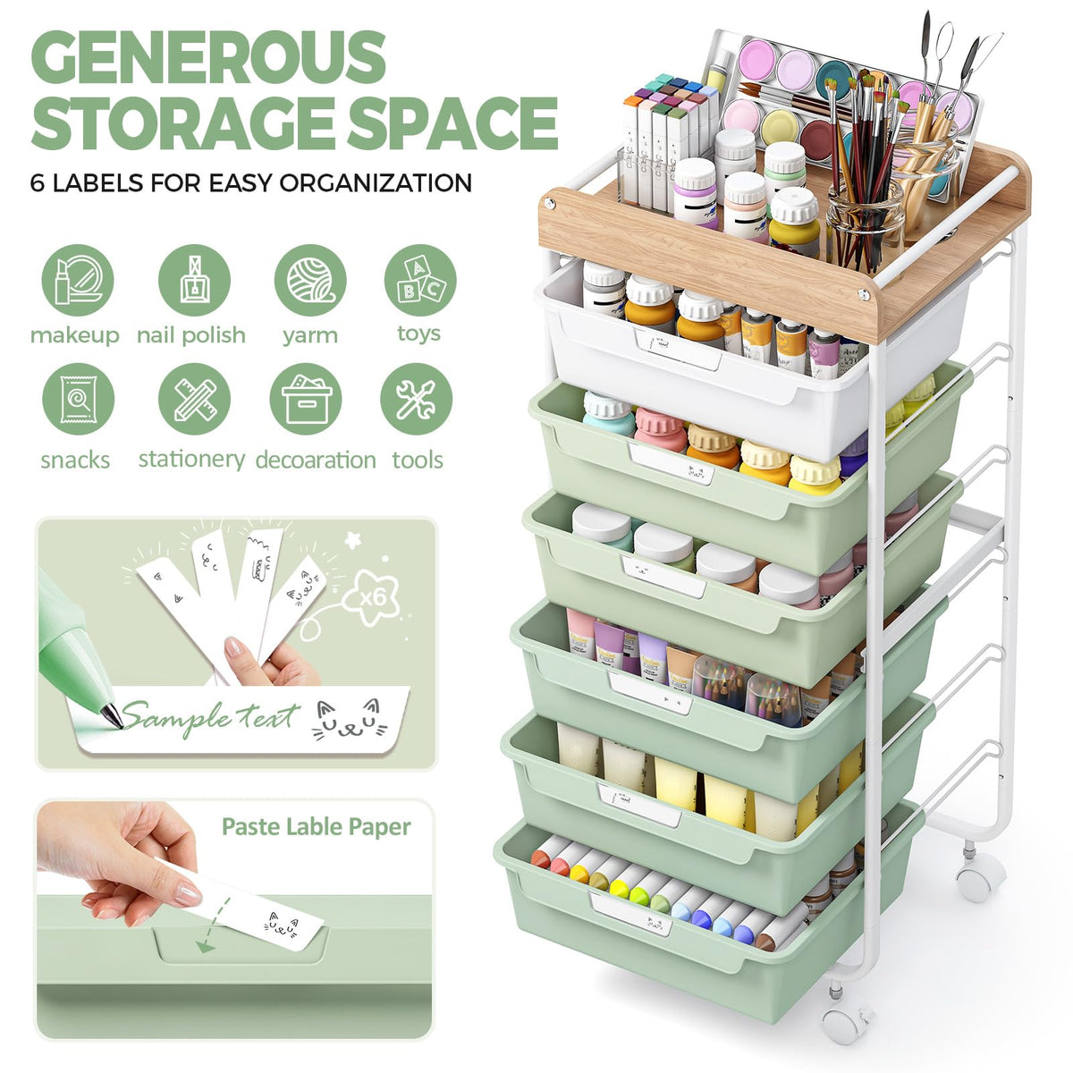 Green Utility Cart with 6 Drawers O845