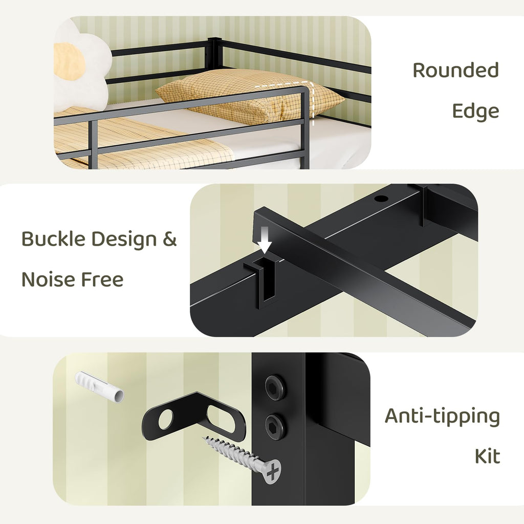 Black Twin Size Metal Low Loft Bed with 3 Drawers and Storage J1511