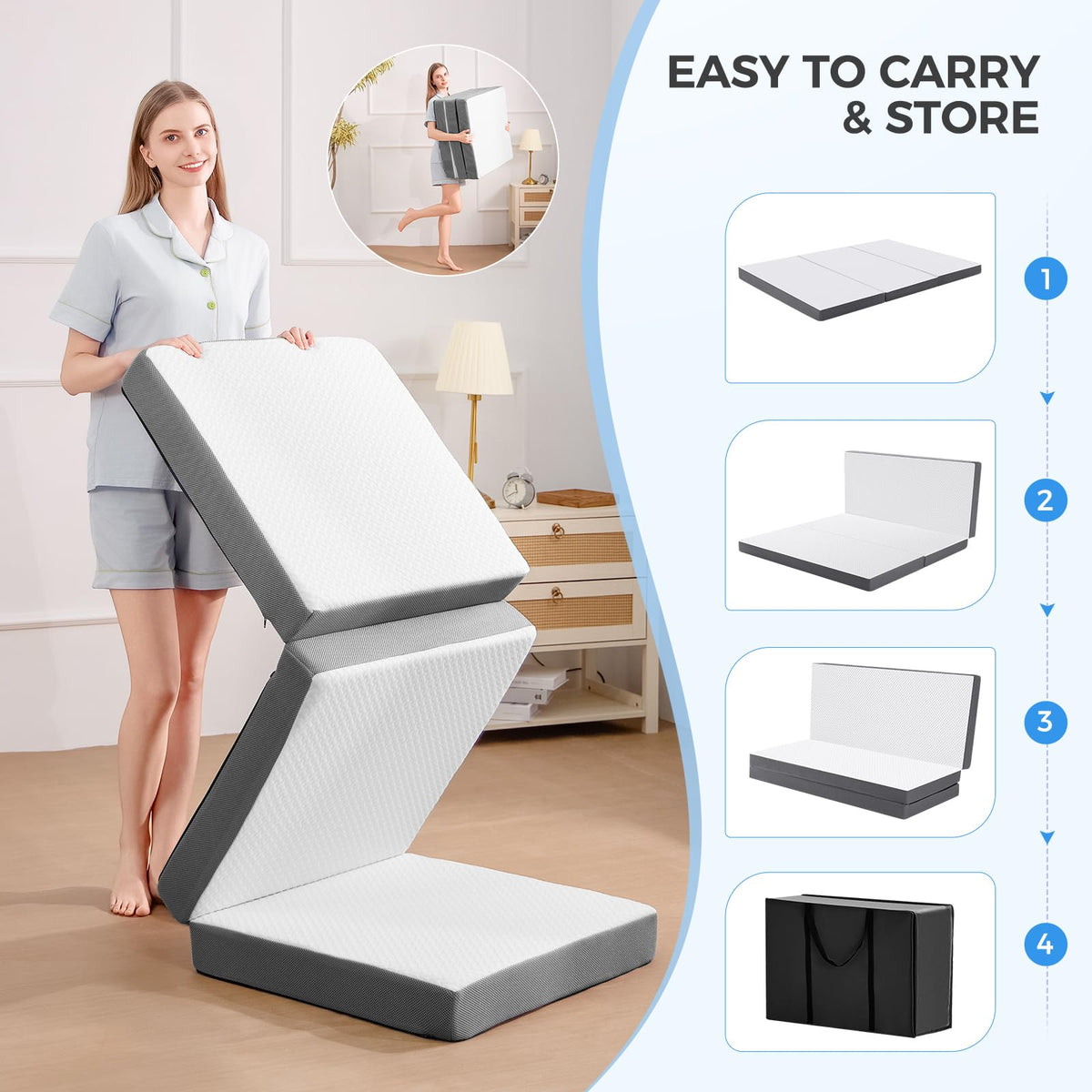 4 Inch Memory Foam Trifold Mattress with Washable Cover B138