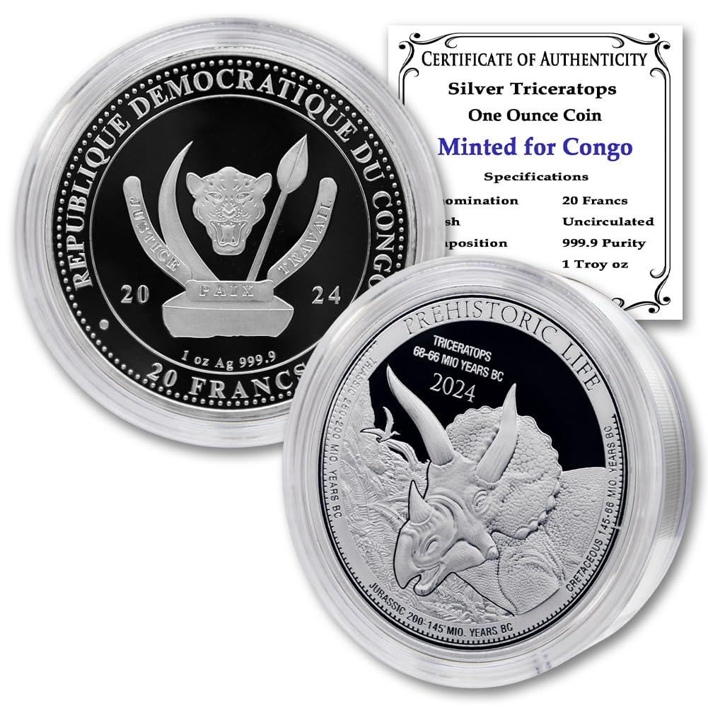 1 oz Silver Triceratops 20 Francs BU A6814