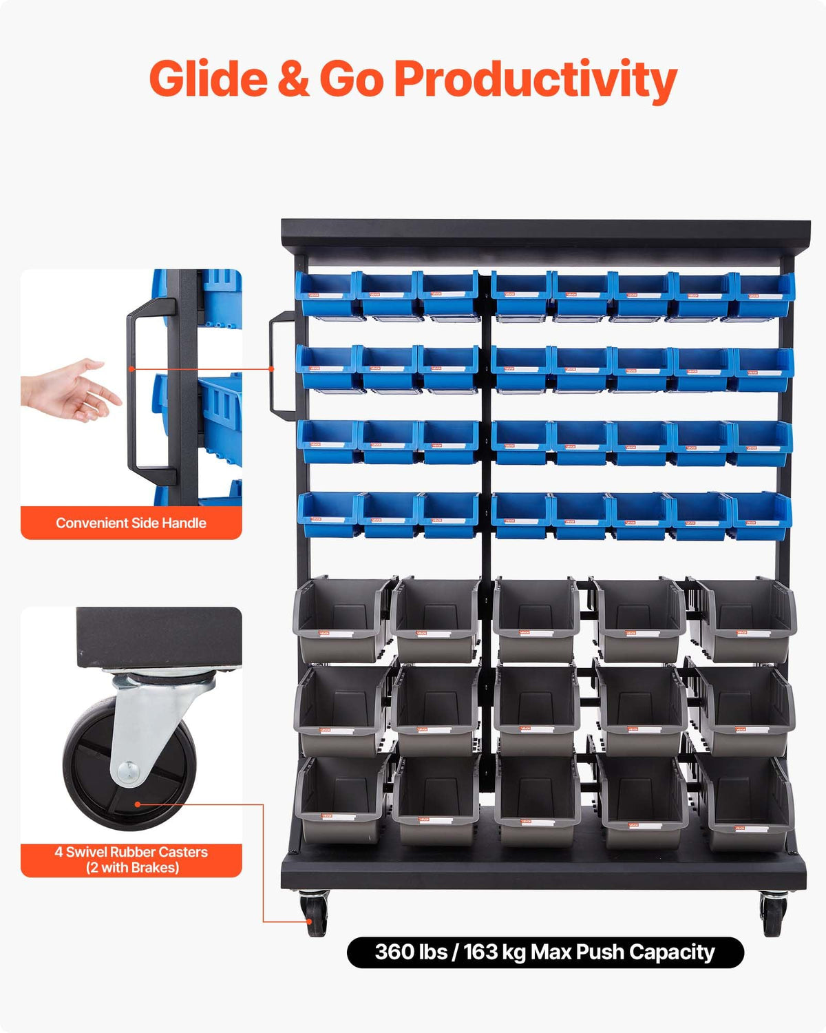 7-Tier Double-Sided Rolling Bin Storage Rack with 94 Plastic Bins B80359