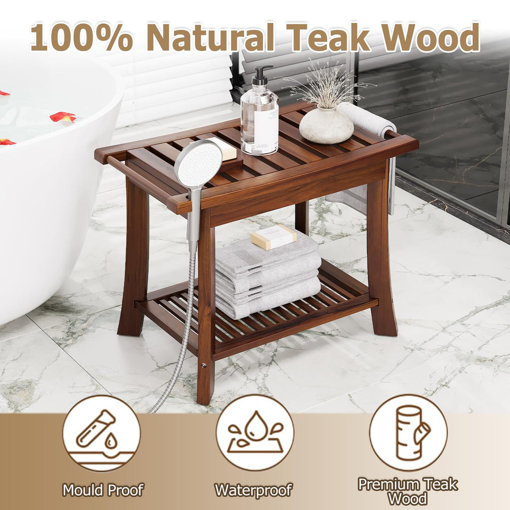 23.6 Inch Teak Shower Bench with Storage Shelf L579