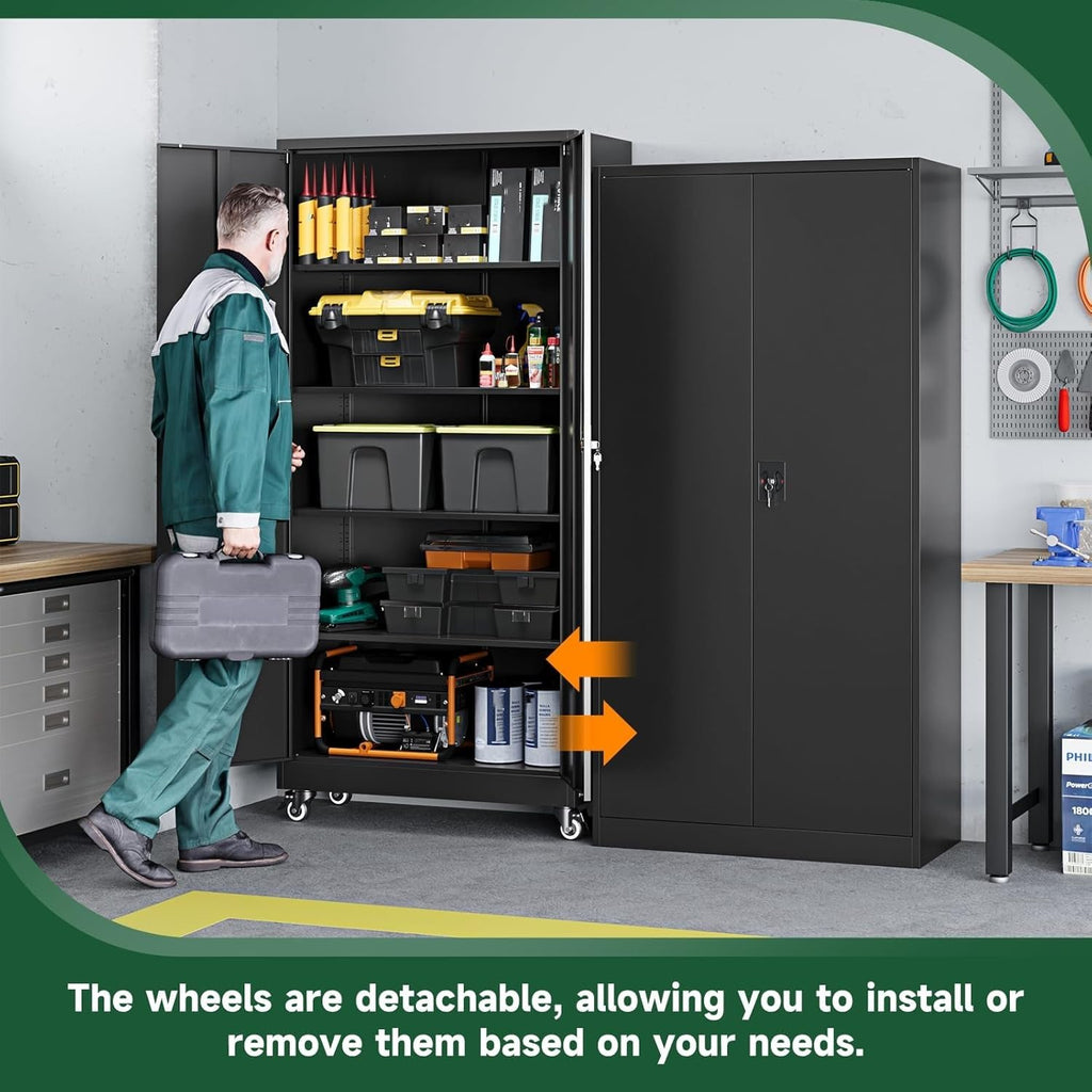 Metal Garage Storage Cabinets with Wheels, Locking Door and Adjustable Shelves (Black, 74.41" H) W79644
