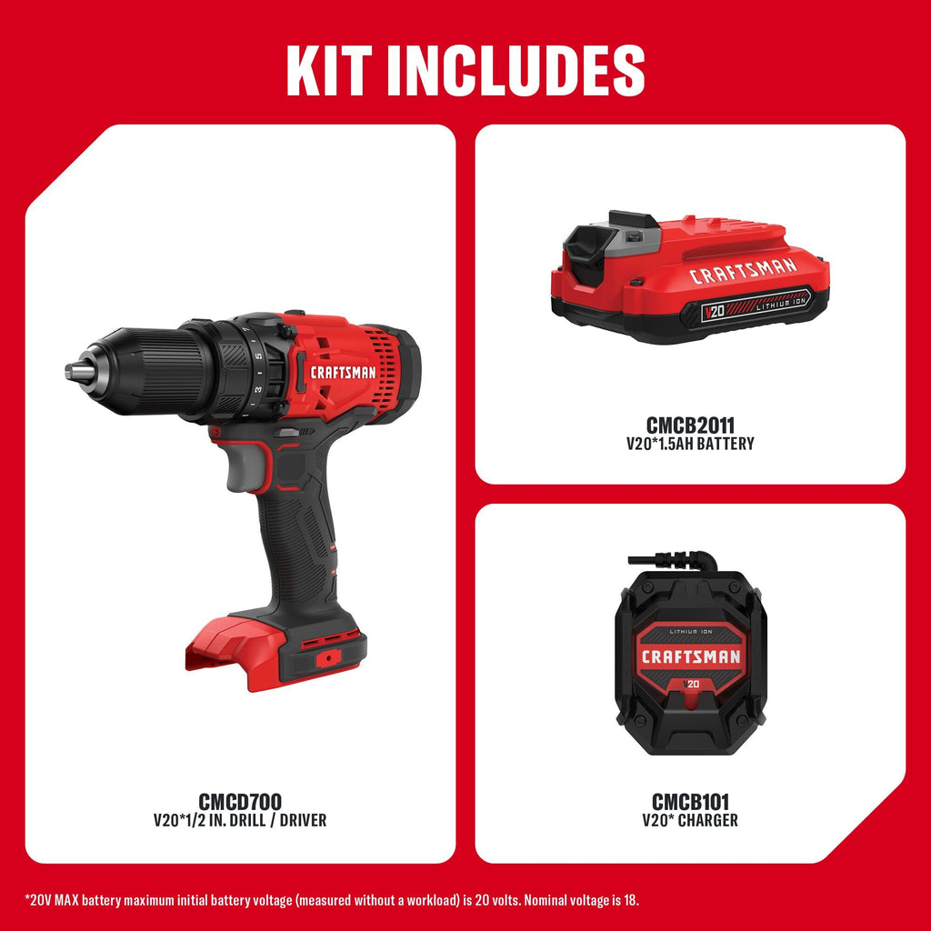Cordless Drill/Driver Kit, 1/2 inch, Battery and Charger Included U529