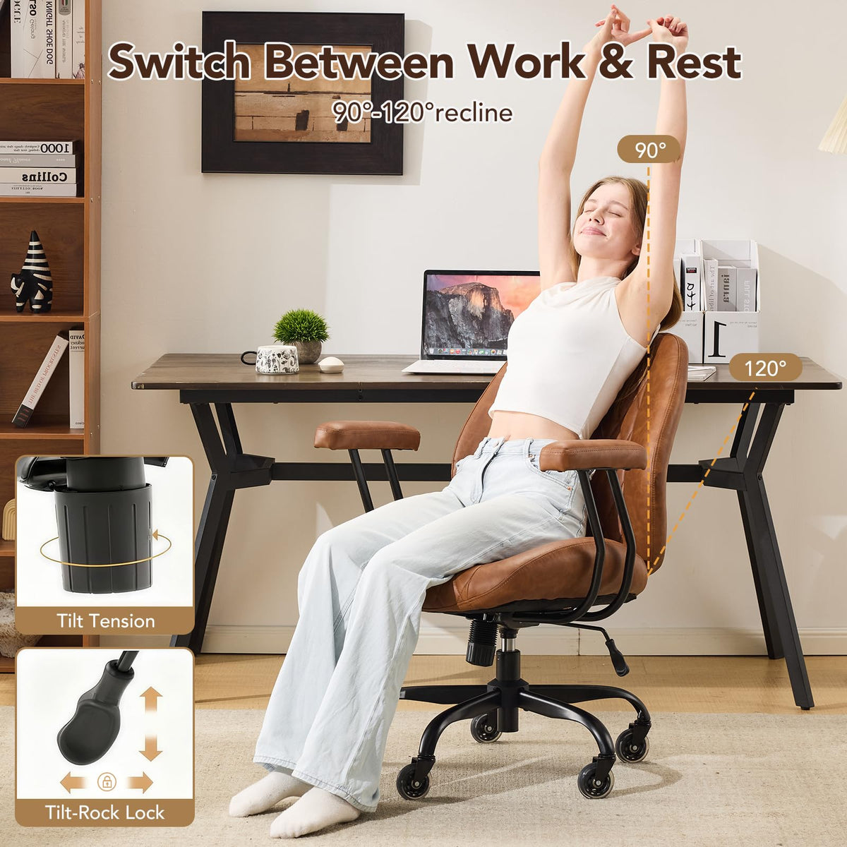 Brown Leather Ergonomic Office Chair with Lumbar Support F674005