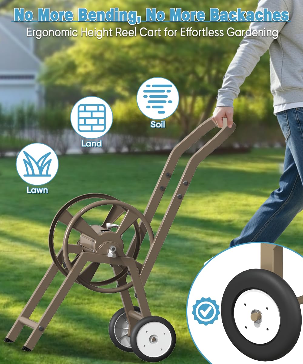 Garden Hose Reel Cart with Wheels, Holds 165 ft of 5/8'' Hose, Heavy Duty Steel, Brown U612