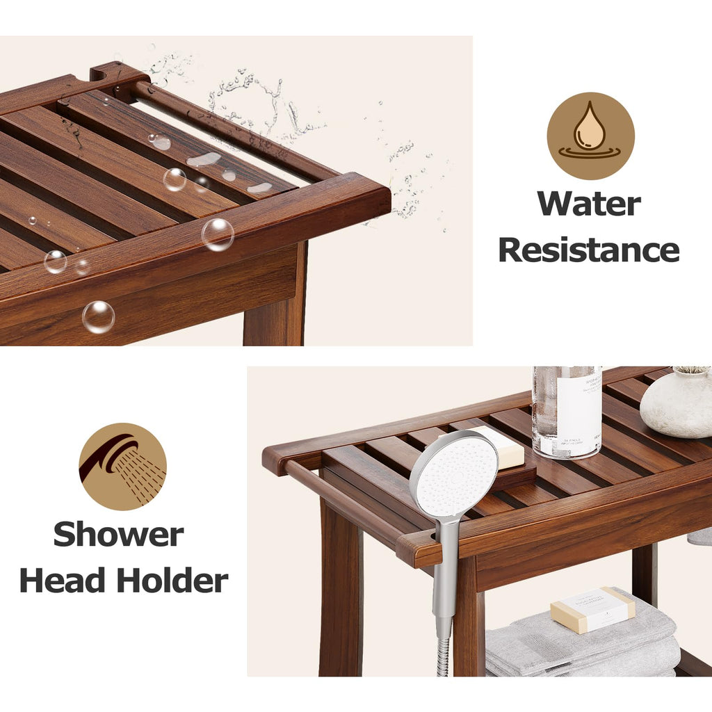 23.6 Inch Teak Shower Bench with Storage Shelf L579
