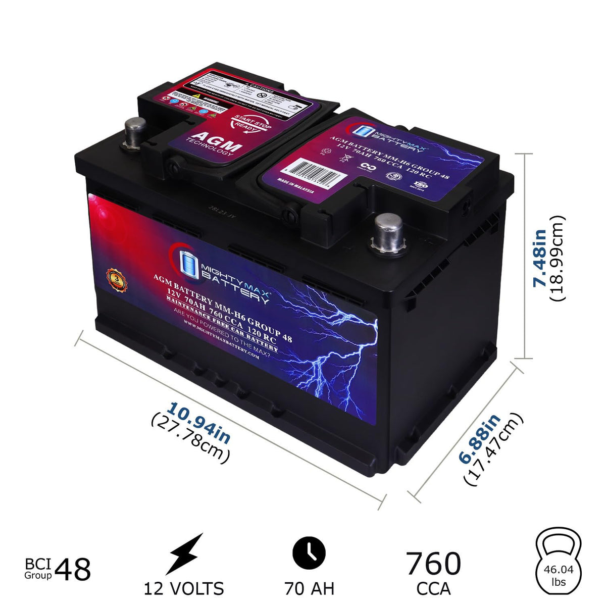 12V 70AH 760CCA Replacement Battery F488652