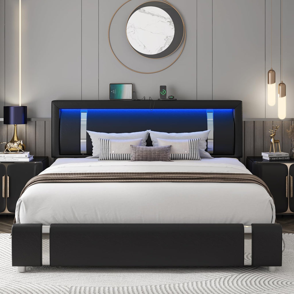 Black Full Size Upholstered Bed Frame with LED Headboard and 2 Storage Drawers X69189