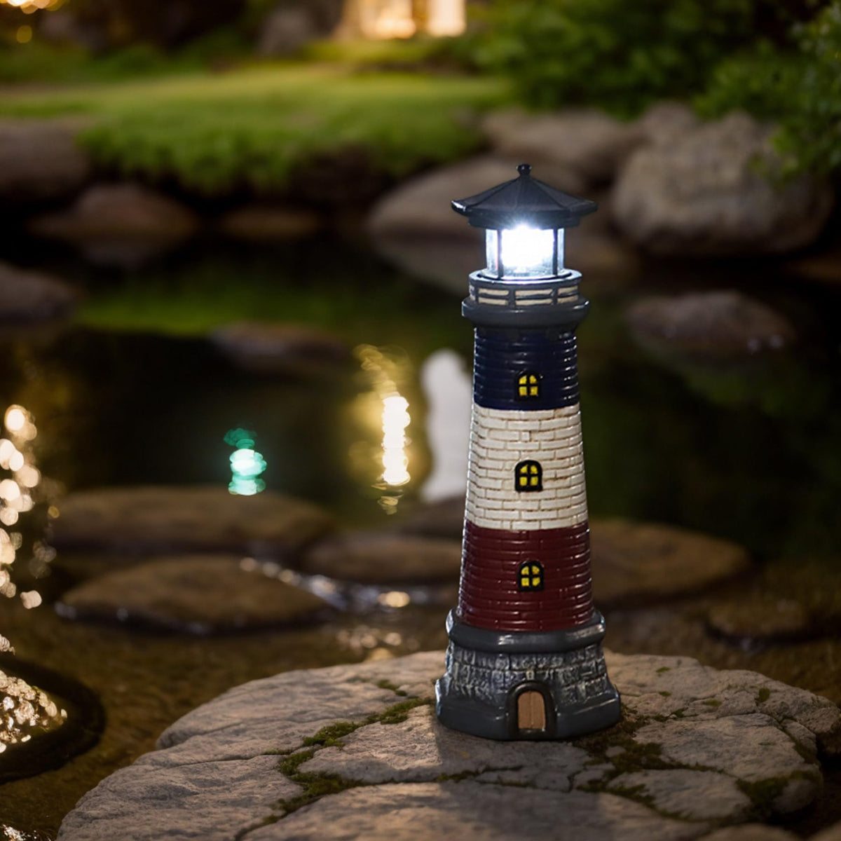 15" Tall Waterproof Resin Lighthouse Lamp with Rotating LED O415