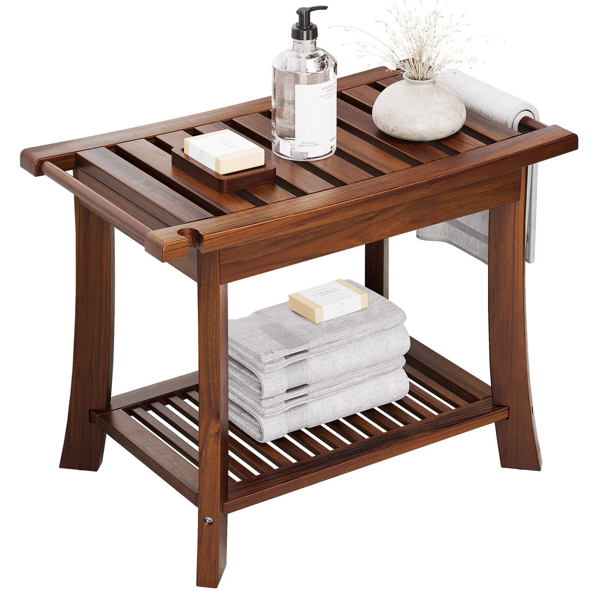 23.6 Inch Teak Shower Bench with Storage Shelf L579