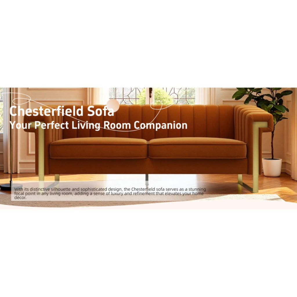 Orange Velvet Channel Tufted Sofa with Gold Metal Legs Y348