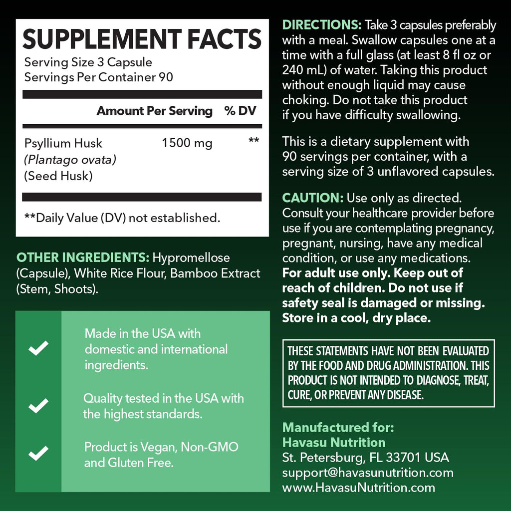 Vegan Psyllium Husk Fiber Capsules 270 Pills D4959