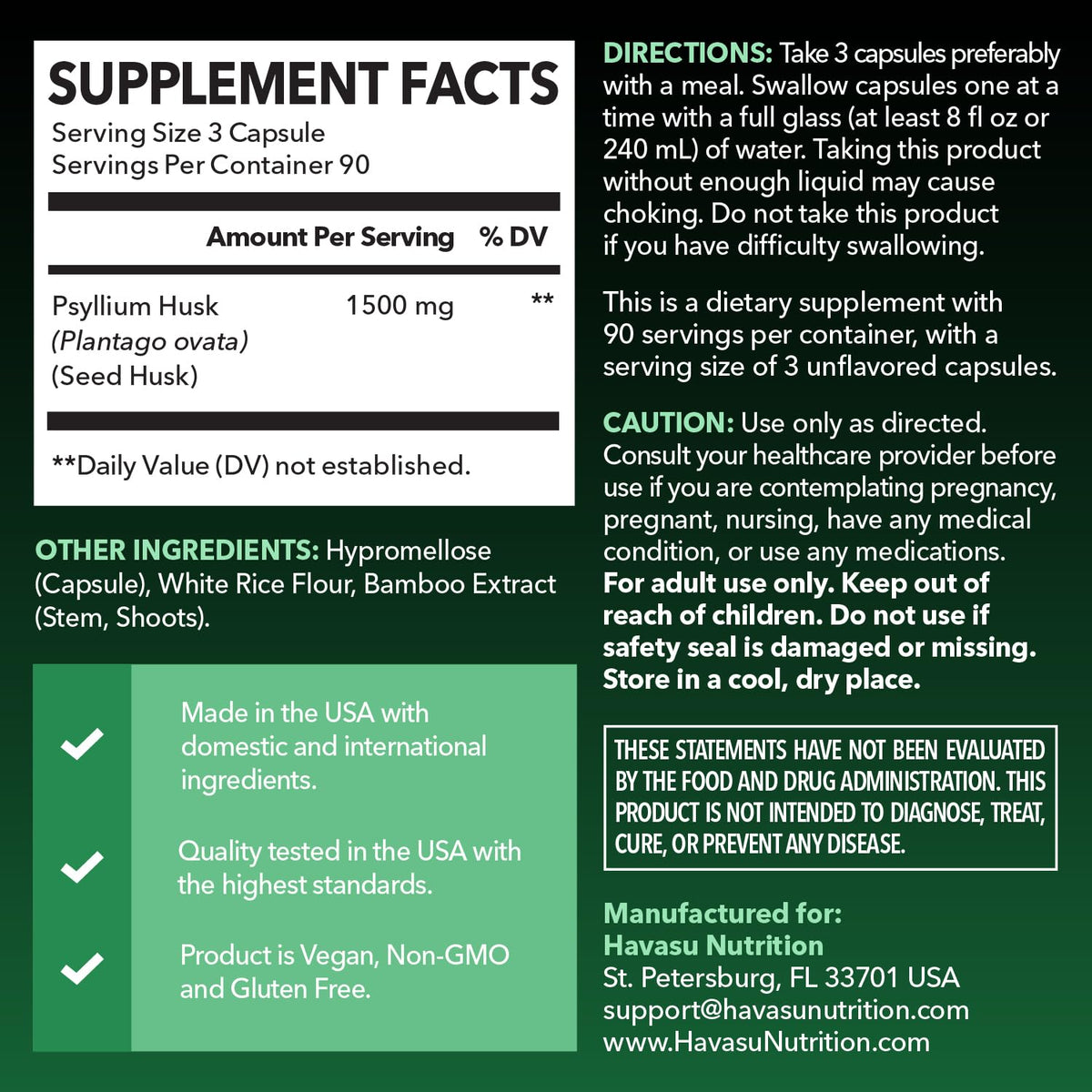 Vegan Psyllium Husk Fiber Capsules 270 Pills D4959