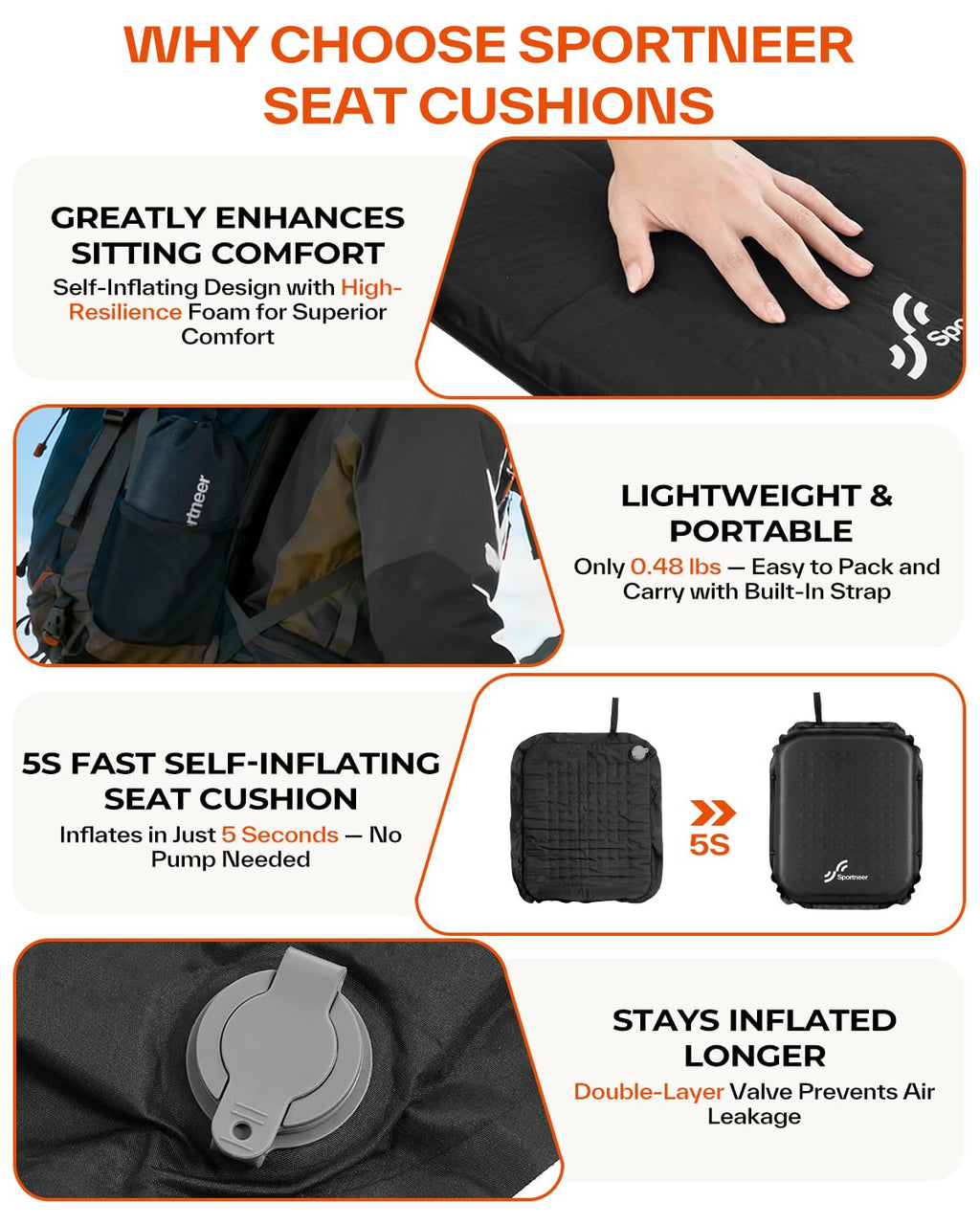 Inflatable Self-Inflating 2" High Rebound Foam Seat Cushion, 2 Pack F81682