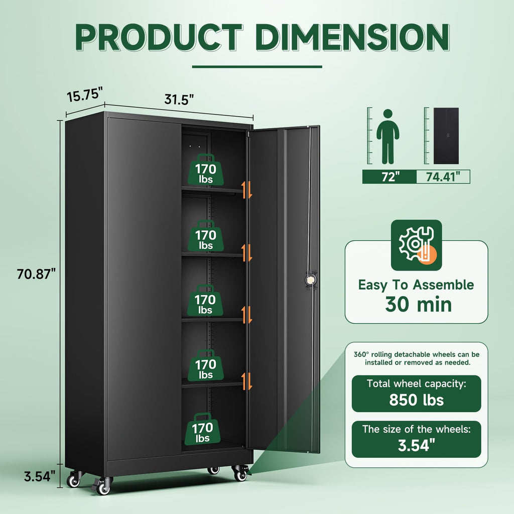 Metal Garage Storage Cabinets with Wheels, Locking Door and Adjustable Shelves (Black, 74.41" H) W79644