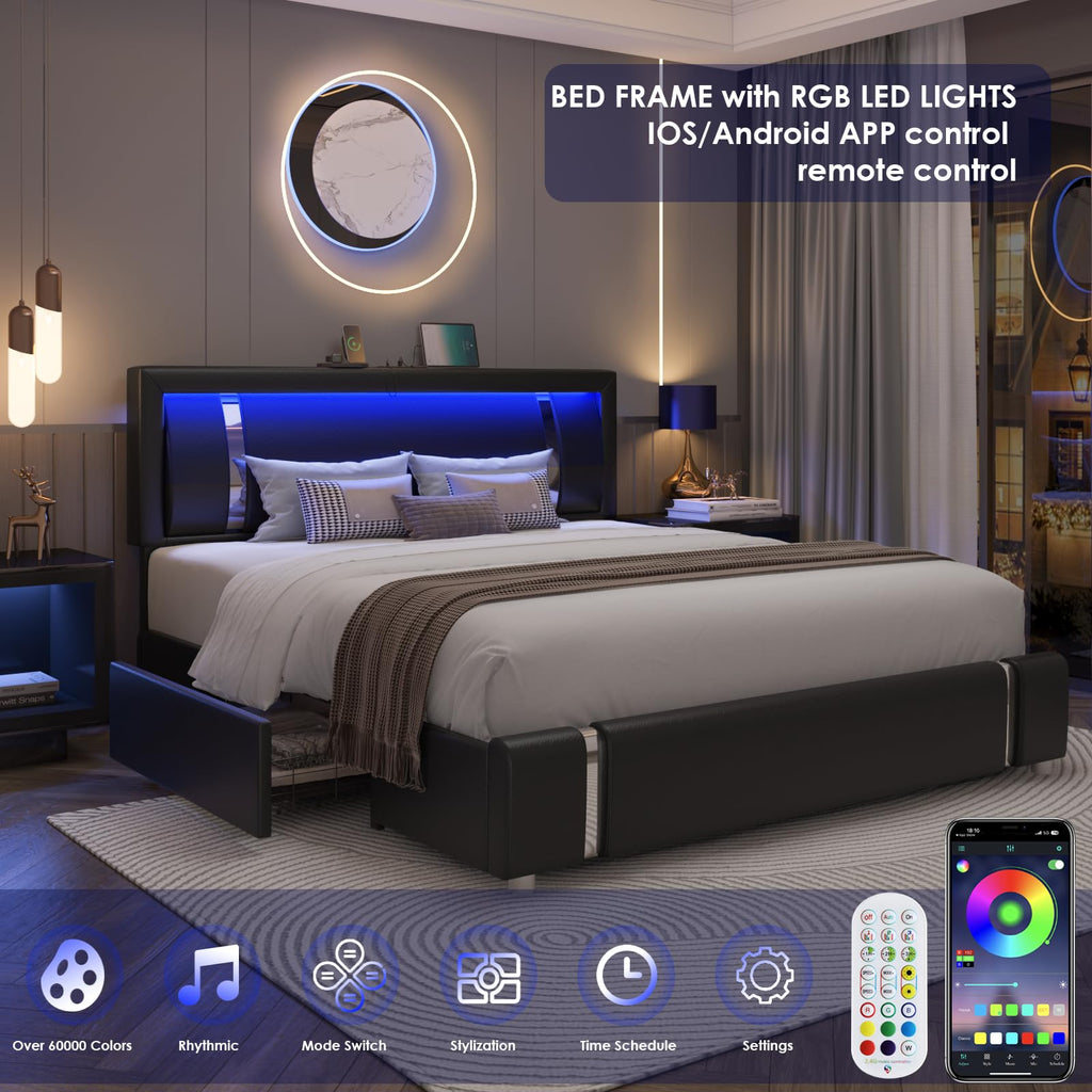 Black Full Size Upholstered Bed Frame with LED Headboard and 2 Storage Drawers X69189
